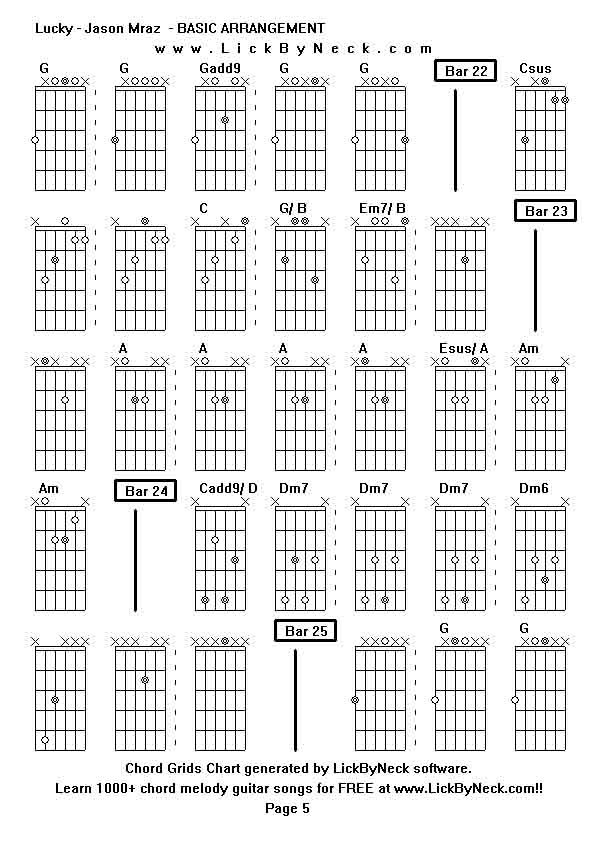 Chord Grids Chart of chord melody fingerstyle guitar song-Lucky - Jason Mraz  - BASIC ARRANGEMENT,generated by LickByNeck software.